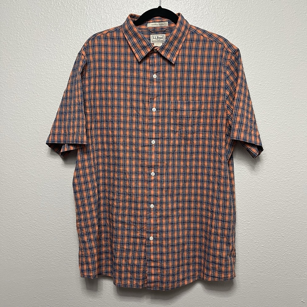 L.L. Bean Orange Navy Men's L Cotton Seersucker Shirt Short Sleeve‎ Plaid